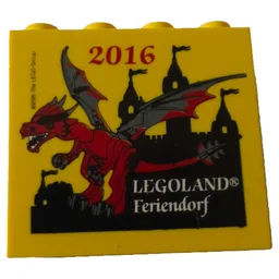 Brick 2 x 4 x 3 with 'LEGOLAND Feriendorf 2016', Dragon Print / Yellow