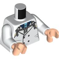 Lego Torso, Navy Uniform, Buttons, Silver String, Dark Blue Shirt, Medium Blue Tie print, White Arms, Light Nougat Hands / White