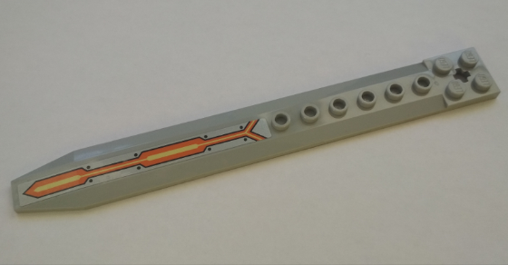 Lego Plate, Modified 2 x 16 with Angled Side Extensions and Axle Hole (Rotor Blade) with Orange and Yellow Stripe Pattern (Sticker) - Set 70327