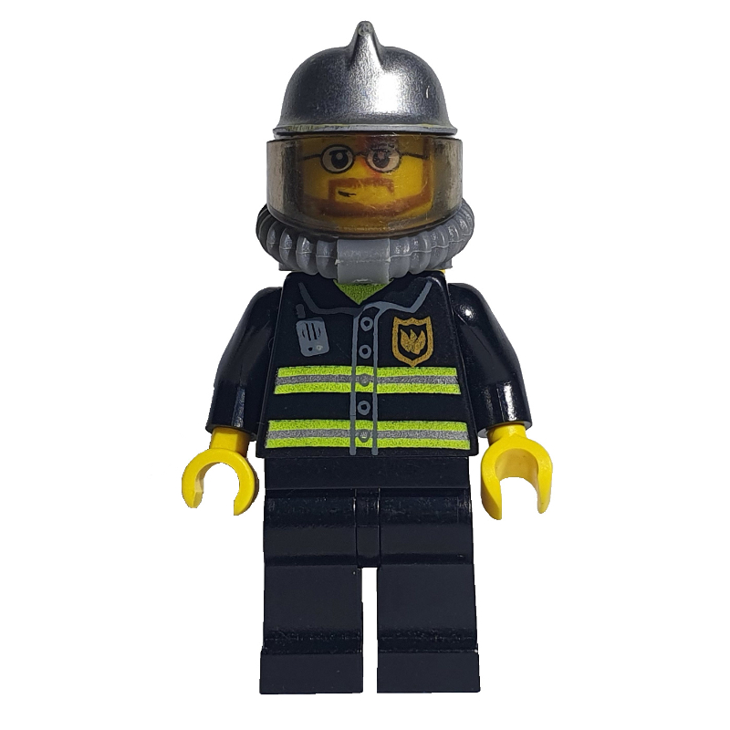 Lego Fireman, Black Fire Jacket with Reflective Stripes, Radio, and Badge, Silver Helmet, Breathing Apparatus, Airtanks, Beard and Glasses