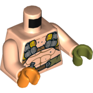 Lego Torso, Odd Hands, Bare Chest, Muscles, Belt with Flask, Harness Print, Light Nougat Arms, Left Olive Green Hand, Right Orange Hand / Light Nougat