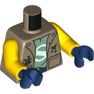 Lego Torso, Jacker, Black Stains, Picker, Olive Green Shirt, White Logo, Dark Blue Pants print, Yellow Arms, Dark Blue Hands / Dark Tan