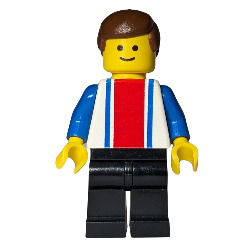 Lego Man - White Torso with Blue/Red Stripes, Black Legs