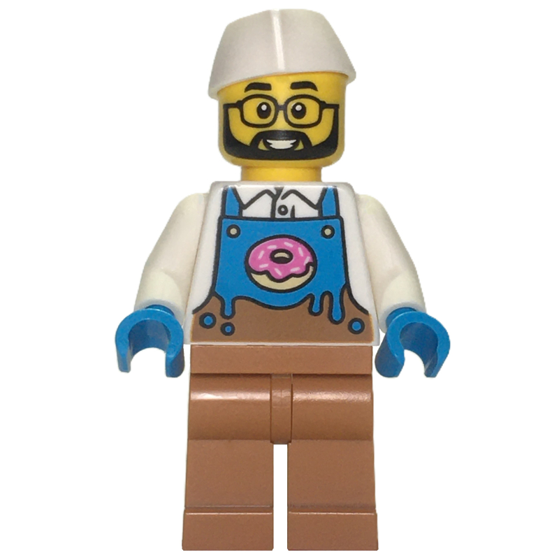 Lego Donut Vendor, White Torso, Medium Nougat Legs, White Hat