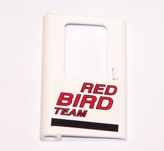 Lego Door 1 x 4 x 5 Train Left, Thin Support at Bottom with Red 'RED BIRD TEAM', Black Stripe Pattern (Sticker) - Set 5591