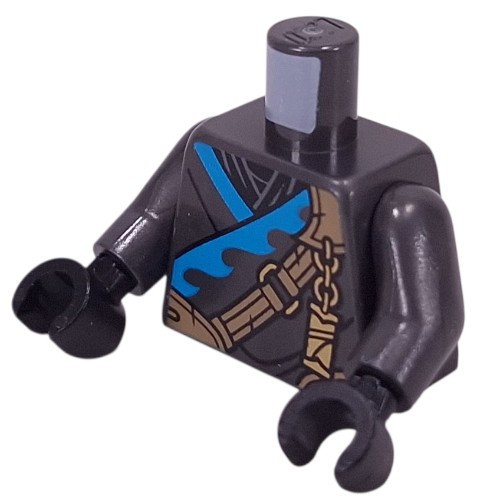 Lego Torso, Ninja Robes, Medium Azure Trim, Dark Tan Strap, Gold Chain print, Pearl Titanium Arms, Black Hands / Pearl Titanium