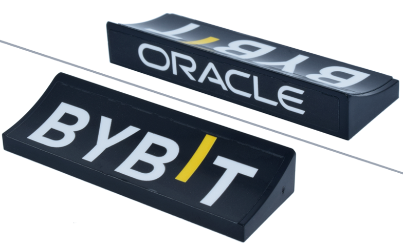 Lego Arch 6 x 2 x 5/6 Inverted with White and Yellow 'BYBIT' and 'ORACLE' Logo Pattern (Stickers) - Set 77243