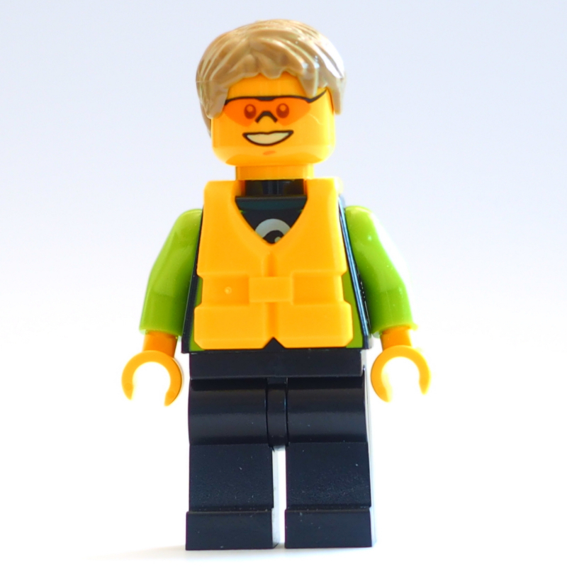 Lego Man, Black and Lime Wetsuit, Dark Tan Hair, Yellow Life Vest, Orange Safety Glasses