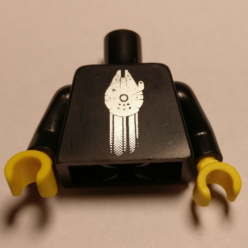 Lego Torso with Silver Millennium Falcon Print (VIP), Black Arms, Yellow Hands / Black
