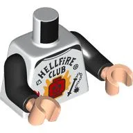 Torso, Black 'HELLFIRE CLUB', Red Minifig Head, Orange Flames Print, Black Arms, Light Nougat Hands