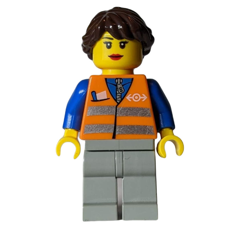 Lego Train Worker - Orange Torso, Light Bluish Grey Legs, Dark Brown Hair