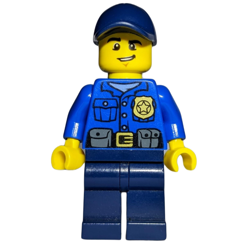 Lego Policeman, Blue Shirt with Badge and Pouches, Dark Blue Legs, Dark Blue Cap