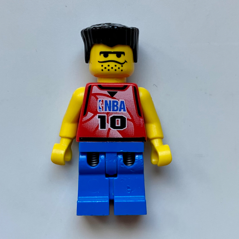Lego Basketball Player, Red Torso with #10, Blue Legs, Black Flat Top Hair
