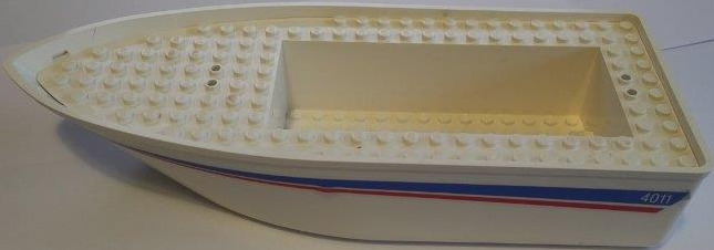 Lego Boat, Hull Unitary 25 x 10 x 4 1/3 Floating with White Deck with Red and Blue Stripes and '4011' Pattern on Both Sides (Stickers) - Set 4011