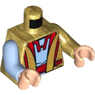 Torso, Odd Arms, Robe with Red Trim, Open over Bright Light Blue Tunic Print, Left Pearl Gold Arm, Right Bright Light Blue Arm, Light Nougat Hands / Pearl Gold