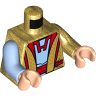 Lego Torso, Odd Arms, Robe with Red Trim, Open over Bright Light Blue Tunic Print, Left Pearl Gold Arm, Right Bright Light Blue Arm, Light Nougat Hands / Pearl Gold