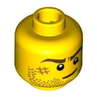 Minifig Head Mac McCloud / Lion Knight, Beard Stubble, Brown Eyebrows, Crooked Smile, White Pupils and Scar Print / Yellow