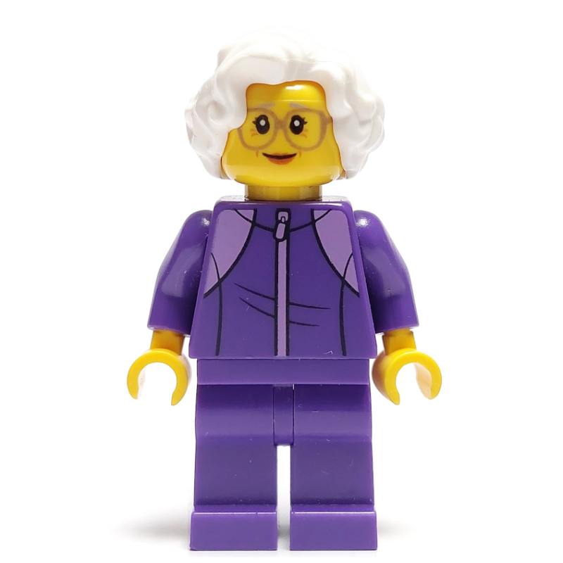 Lego Woman, Dark Purple Jogging Suit, White Hair, Large Glasses