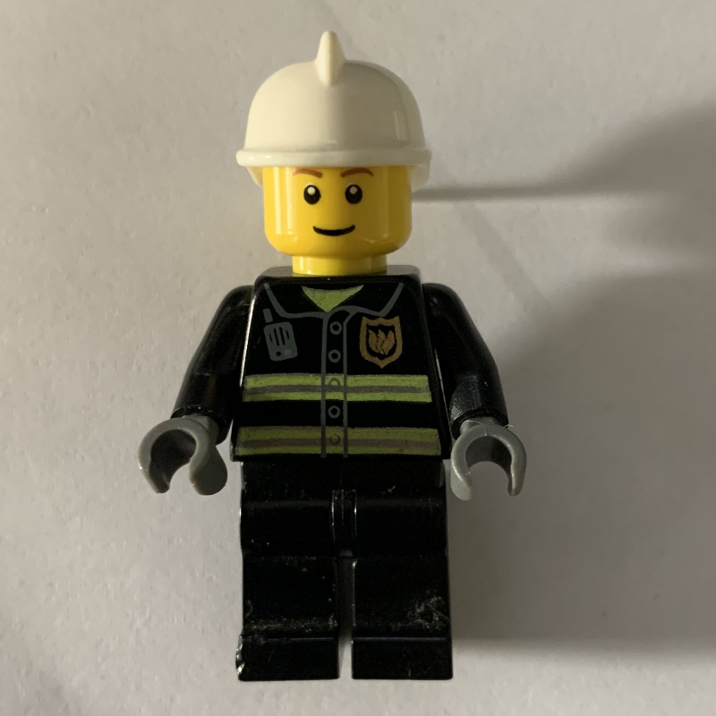 Lego Fireman, Black Fire Jacket with Reflective Stripes, Radio, and Badge, White Helmet, Brown Eyebrows