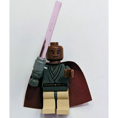 Lego Minifig Complete Assembly, Mace Windu, Light Up Lightsaber / Dark Bluish Gray