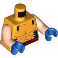 Lego Torso Muscles with Blue Trim and Red Belt with Buckle Print (Wolverine), Light Nougat Arms, Blue Hands / Bright Light Orange