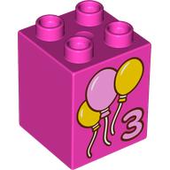 Lego Duplo Brick 2 x 2 x 2 with '3', Bright Pink/Yellow Balloons print / Dark Pink