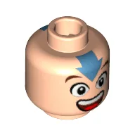 Minifig Head Aang (Avatar), Eyes, Mouth Wide Open, Blue Arrow on Forehead, Square on Back Print [Blocked Open Stud] / Light Nougat