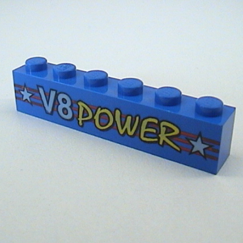 Lego Brick 1 x 6 with Red Stripes and 'V8 POWER' logo Print / Blue