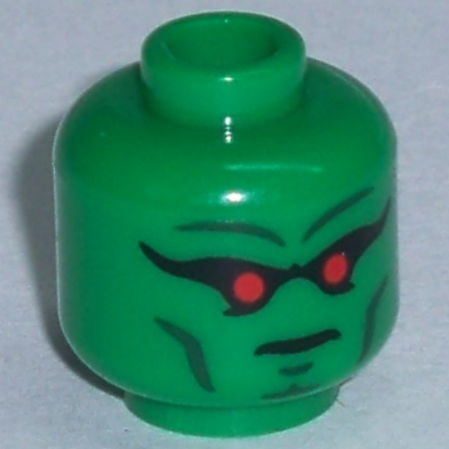 Lego Minifig Head Martian Manhunter, Red Eyes, Dark Bluish Gray Eyebrows Print [Hollow Stud] / Green