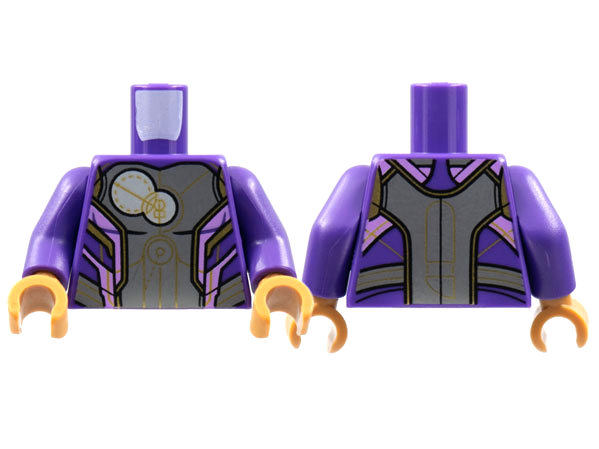 Lego Torso Armor Dark Bluish Gray Center Panel, 2 White Circles, Gold and Lavender Trim Pattern / Dark Purple Arms / Medium Nougat Hands