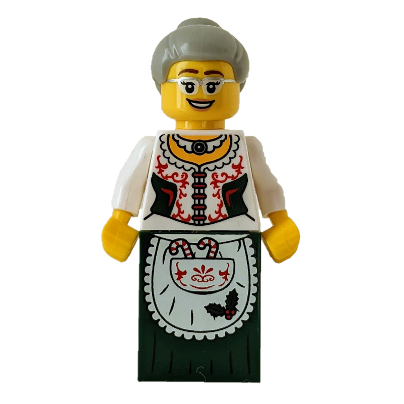 Lego Mrs. Claus, White Corset with Red Sides, Apron with Candy Canes, Dark Green Dress