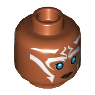 Lego Minifig Head Ahsoka Tano, Blue Eyes and White Lines Neutral / Angry Print / Dark Orange