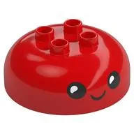 Duplo Brick Round 4 x 4 Dome Top with 2 x 2 Studs with Black Face, Smiling Print / Red