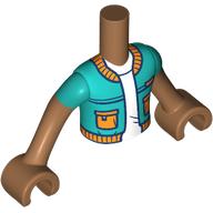 Lego Minidoll Torso Boy with Medium Nougat Arms and Hands with Dark Turquoise Jacket, Orange Trim, Pockets, White Shirt print / Medium Nougat