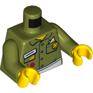 Lego Torso Shirt, with Stains and Apron Print, Olive Green Arms, Yellow Hands / Olive Green