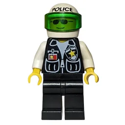 Policeman, Black Vest with Badge and Pockets, White Helmet with 'POLICE' and Trans-Green Visor, Sunglasses
