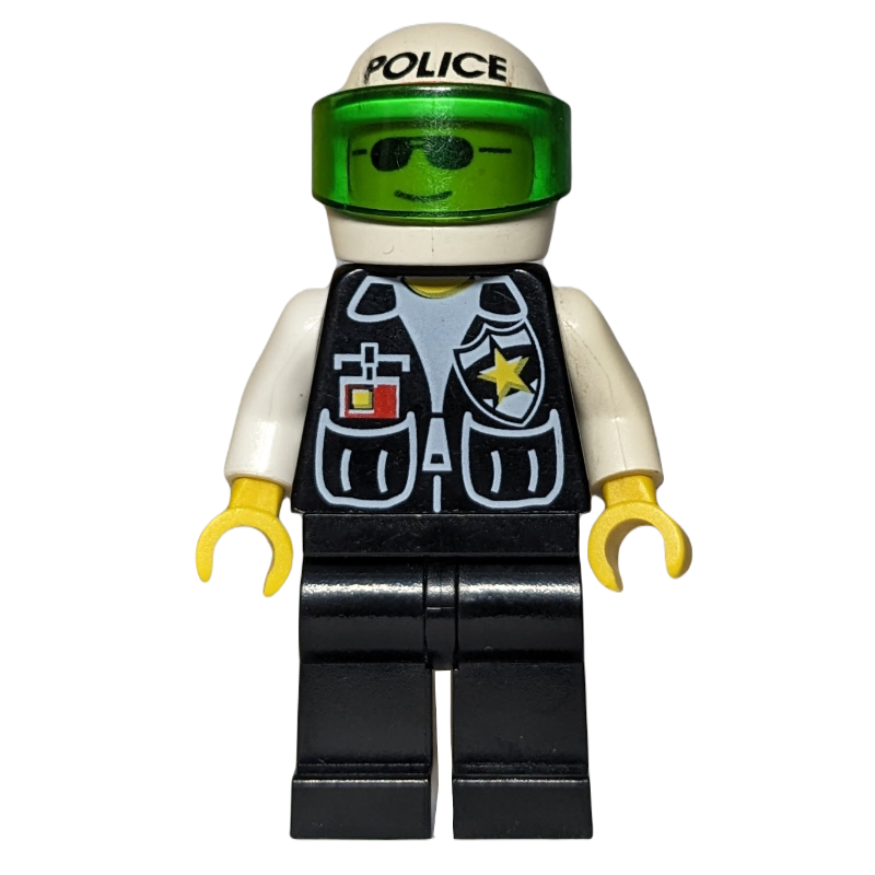 Lego Policeman, Black Vest with Badge and Pockets, White Helmet with 'POLICE' and Trans-Green Visor, Sunglasses