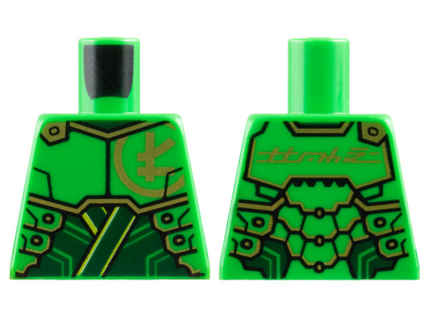 Lego Torso Armor Plates over Dark Green Tunic, Gold Trim and Ninjago Logogram Letter L, 'LLOYD' on Back Pattern