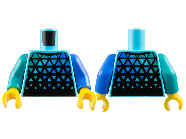Lego Torso Shirt with Blue, Dark Turquoise, and Medium Blue Triangles on Black Background Pattern / Blue Arm Left / Dark Turquoise Arm Right / Yellow Hands