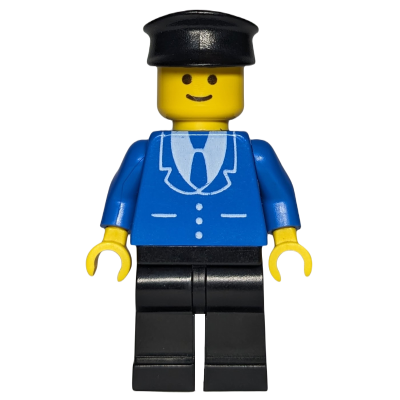 Lego Man, Blue Jacket with Tie and Three Buttons, Black Legs, Black Hat