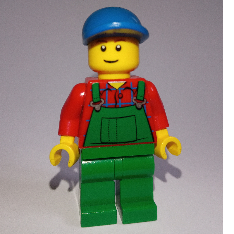 Lego Man, Green Overalls over Red Shirt, Blue Cap