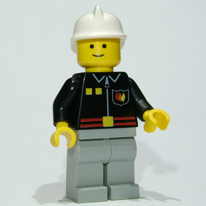 Lego Fireman, Black Fire Jacket with Red Belt and Badge, Light Bluish Gray Legs, White Helmet