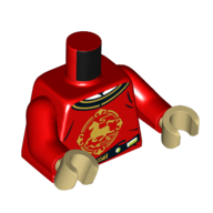 Lego Torso Tunic, Black and Gold Trim, Gold Horse Symbol print, Red Arms, Tan Hands / Red