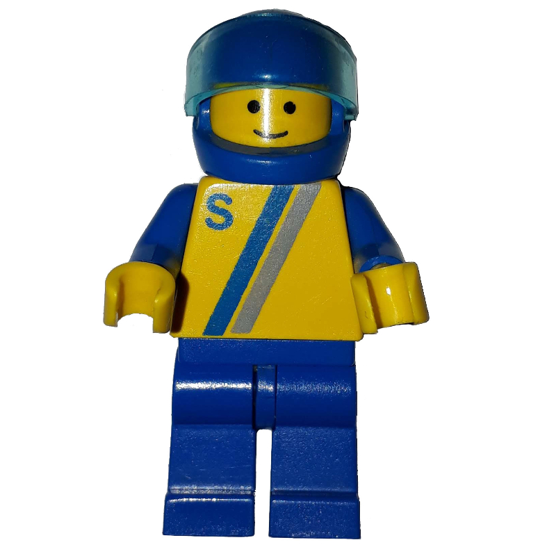 Lego Racer, Yellow Shirt with Two Stripes and 'S', Blue Legs, Blue Helmet with Visor