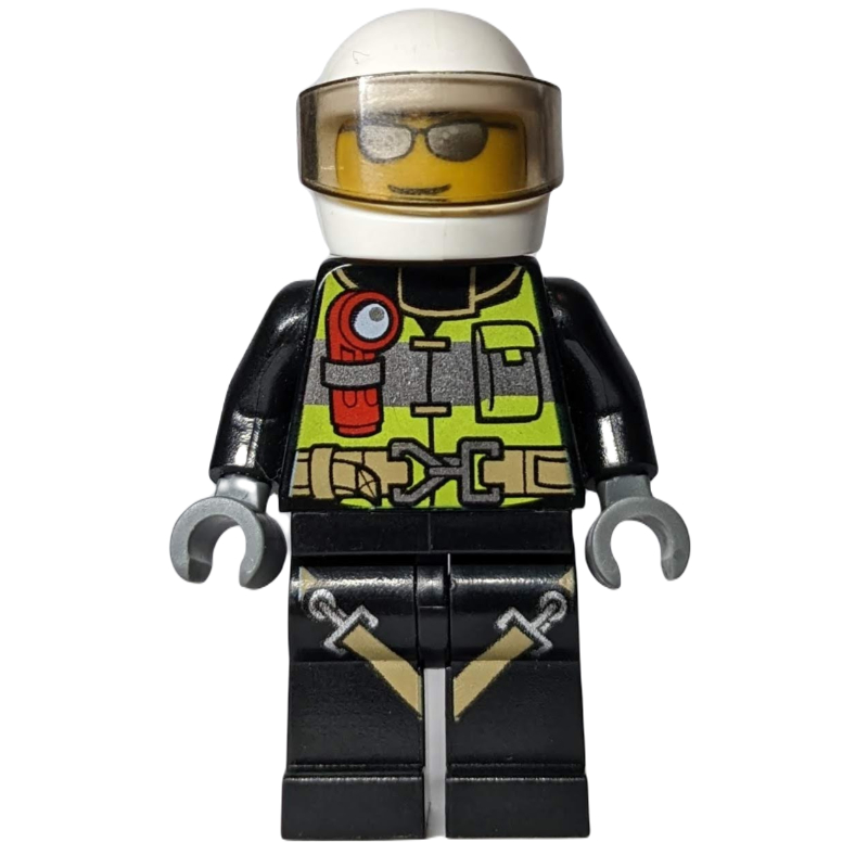 Lego Fireman, Safety Vest with Flashlight, Pocket, and Belt, Black Legs with Straps, White Helmet with Visor, Silver Sunglasses