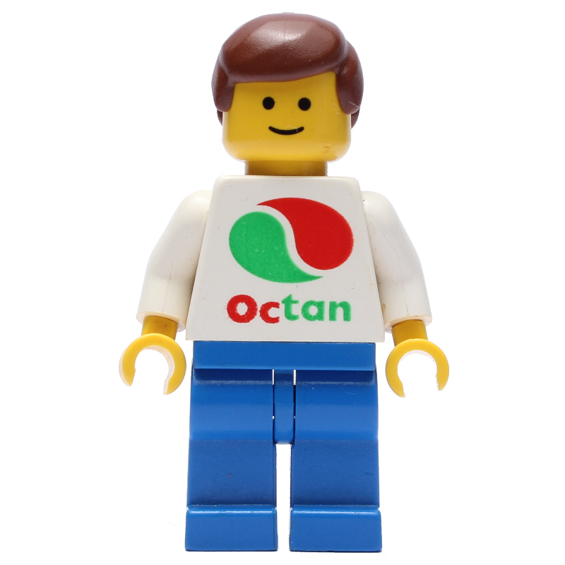 Lego Man, White Top with Large Octan Logo, Blue Legs, Reddish Brown Hair
