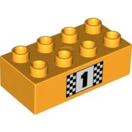 Duplo Brick 2 x 4 with Number 1 and Black and White Checkered Print / Bright Light Orange