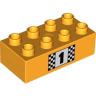 Lego Duplo Brick 2 x 4, with Number 1 and Black and White Checkered Print / Bright Light Orange
