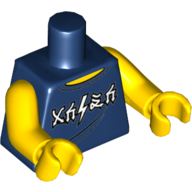 Lego Torso Vest Top, Ninjargon Characters (Lightning Bolt) / 'WORLD TOUR' 'SOLD OUT' '1985' on Back Print, Yellow Arms and Hands / Dark Blue