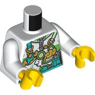 Lego Torso, Dark Turquoise Dungarees, White Dragon with Green Eyes, Gold Nose print, White Arms, Yellow Hands / White